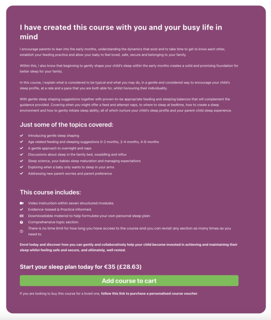A screenshot of the 0-6 month Sleep Plan description of Sleep Matters with Lucy Wolfe